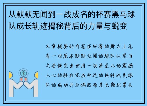 从默默无闻到一战成名的杯赛黑马球队成长轨迹揭秘背后的力量与蜕变